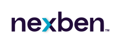 Nexben Logo. Purple text, with half blue X.
